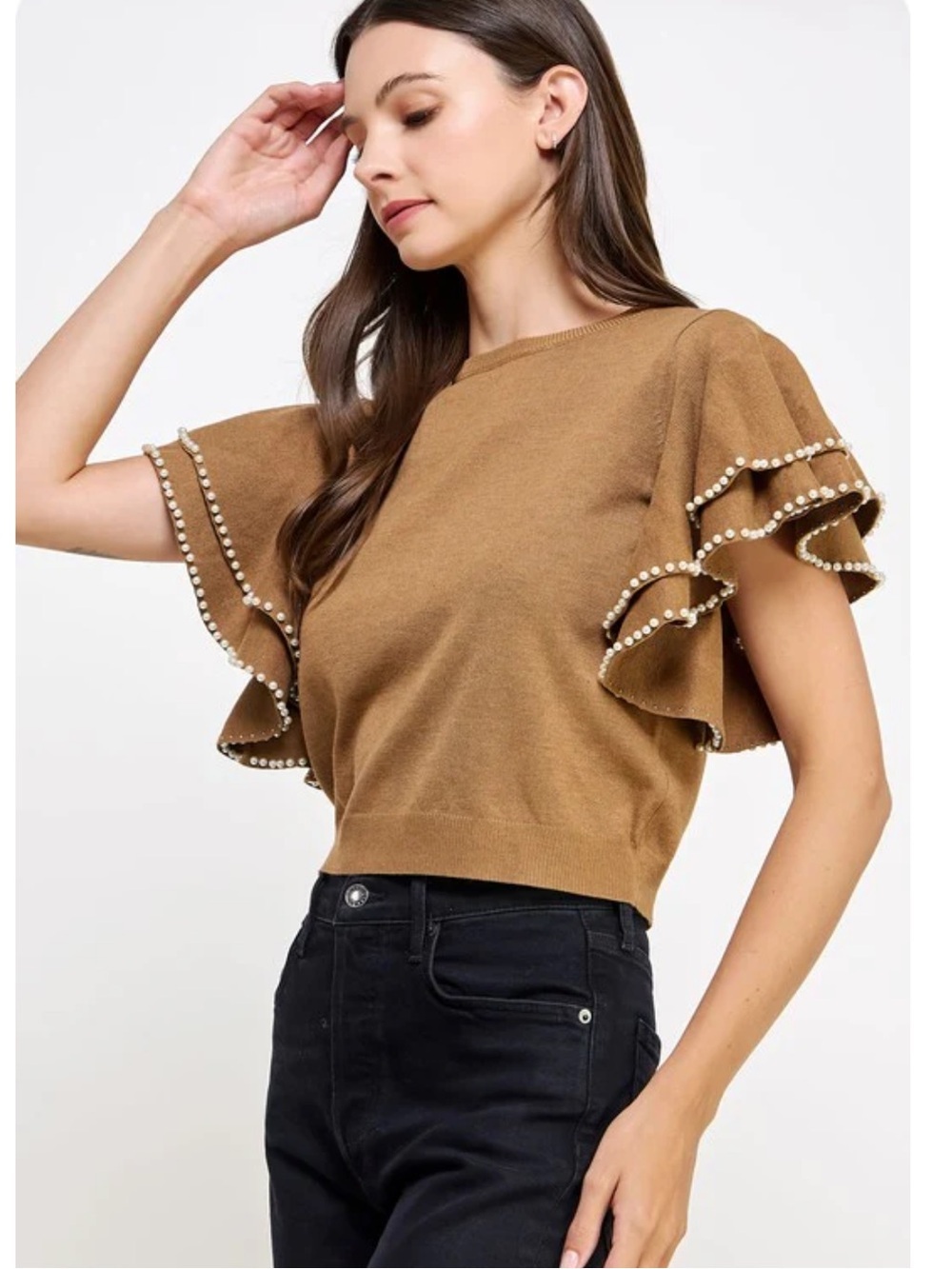 Pearl-Trim Ruffle Sleeve Sweater Top in Camel-Size M - Picture 3 of 8